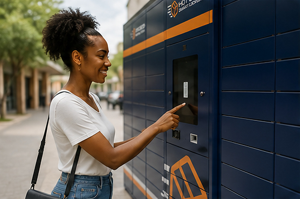 A customer entering a collection code on the HotDrop SmartLocker touchscreen