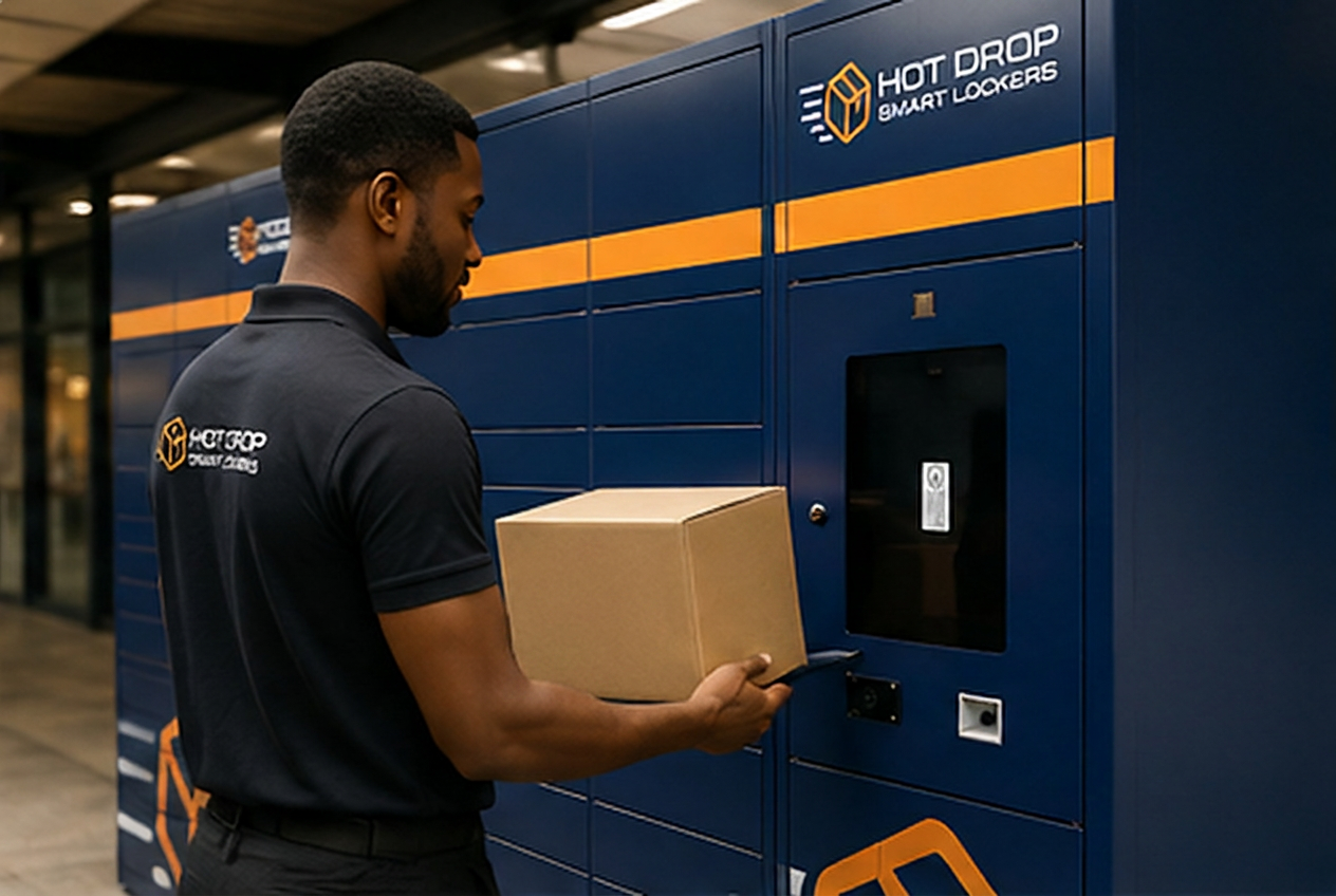 A HotDrop courier placing a parcel into an open SmartLocker compartment
