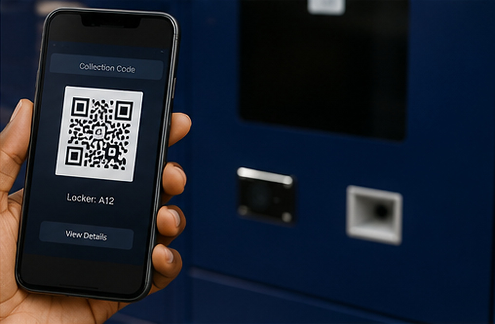 A phone showing a HotDrop QR collection code in front of a SmartLocker scanner