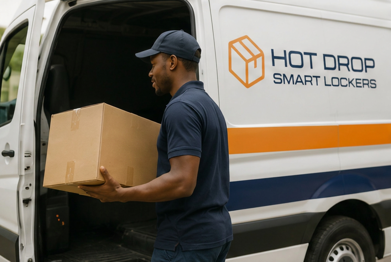 A HotDrop courier loading a parcel into a branded delivery van