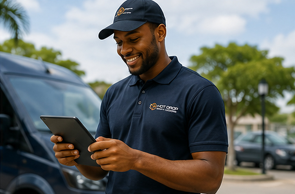 A courier reviewing deliveries on a tablet beside a SmartLocker