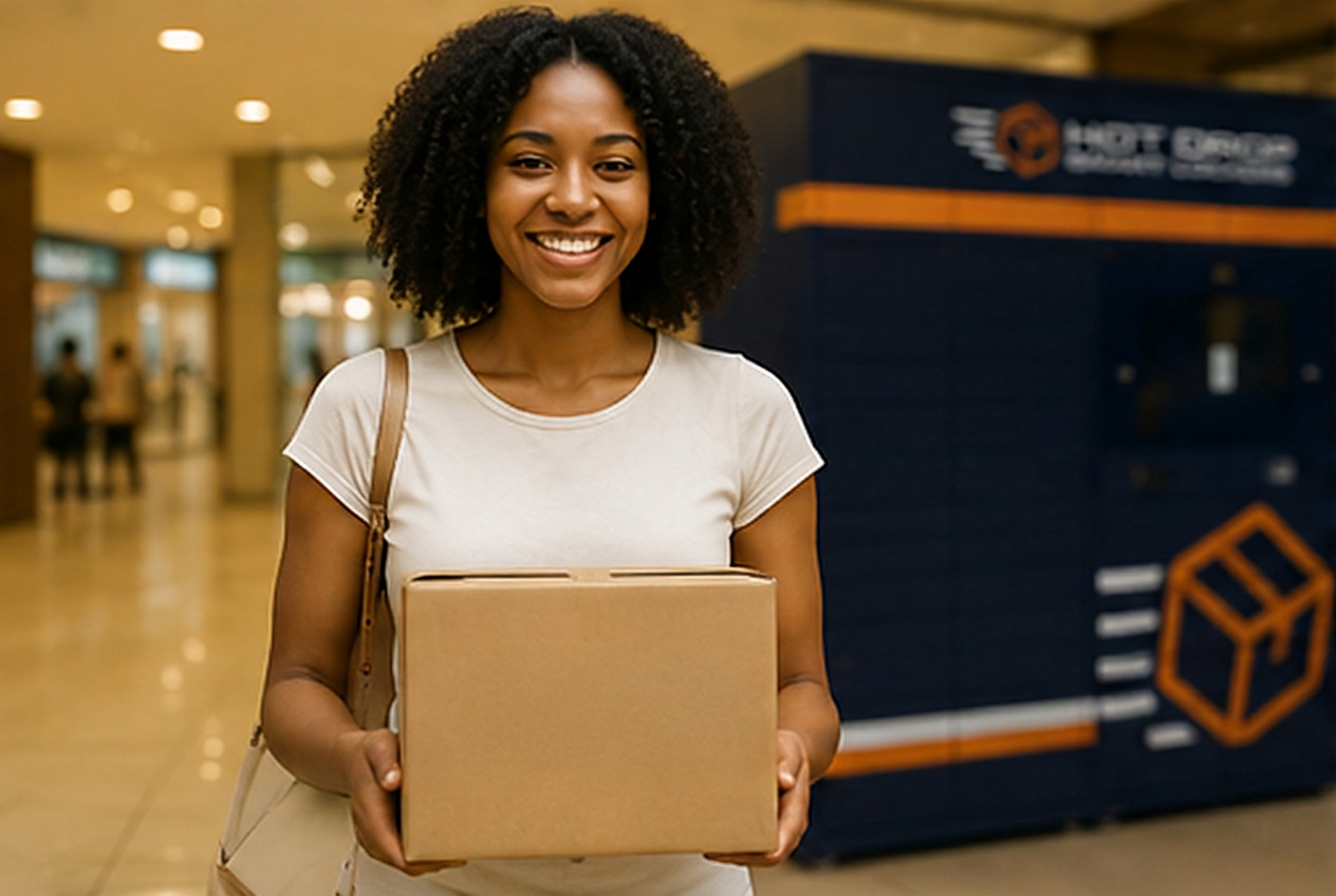 A smiling customer holding her collected HotDrop parcel in a shopping centre