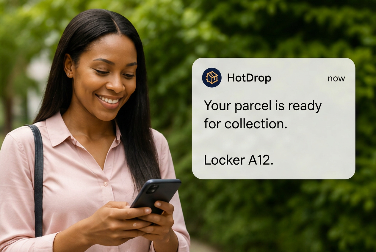 A customer reading a HotDrop notification on her phone saying her parcel is ready