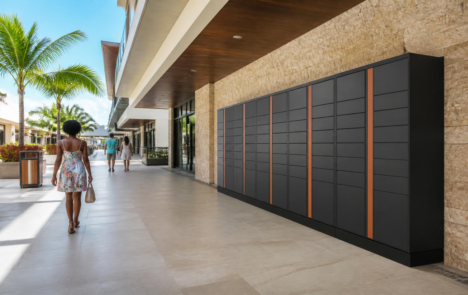 A bank of HotDrop SmartLockers installed at the entrance of a shopping centre